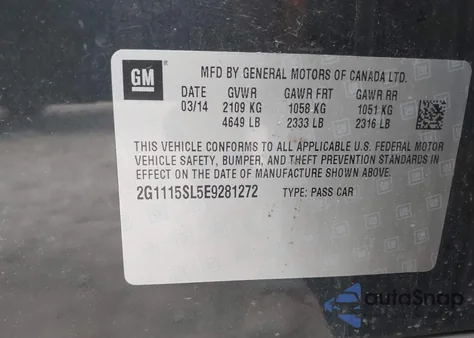 2014 Chevrolet Impala 1Lt z USA, uszkodzony, nr VIN 2G1115SL5E9281272